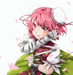  aerokinesis bandaged_arm bandages chains cherry_blossoms commentary_request cuffs double_bun female green_skirt hair_bun ibaraki_kasen looking_at_viewer momo-nora mouth_hold petals pink_eyes pink_hair pink_rope puffy_short_sleeves puffy_sleeves rope shackles shirt short_hair short_sleeves simple_background skirt solo tabard touhou white_background white_shirt wind 