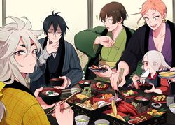  50yen_(gojiue) 5boys bishounen black_hair blunt_bangs blunt_ends bowl brown_hair chopsticks commentary_request earrings eating eyes_visible_through_hair food forehead hair_over_one_eye ima-no-tsurugi indoors ishikirimaru iwatooshi japanese_clothes jewelry kogitsunemaru long_hair long_sleeves looking_back male_focus mikazuki_munechika multiple_boys new_year oerba_yun_fang open_mouth orange_eyes orange_hair osechi red_eyes revision shaded_face sharp_teeth short_eyebrows sitting smile teeth thick_eyebrows touken_ranbu trembling white_hair 