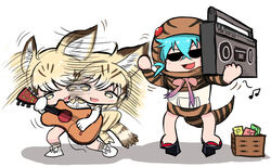  2girls afterimage animal_ears bare_legs bare_shoulders boombox cassette_tape cat_ears cat_tail commentary_request diz_(diznaoto) donkey_kong_(series) donkey_kong_country_2 gloves gradient_ribbon guitar hair_between_eyes hood hoodie instrument kemono_friends multiple_girls musical_note neck_ribbon open_mouth parody pink_ribbon purple_ribbon ribbon sand_cat_(kemono_friends) sand_cat_print sandals snake_tail speed_lines striped_clothes sunglasses tail thighhighs tsuchinoko_(kemono_friends) 