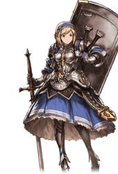  alpha_transparency armor armored_dress blonde_hair carrying_over_shoulder djeeta_(granblue_fantasy) female fortress_(granblue_fantasy) full_body granblue_fantasy hairband holding holding_sword holding_weapon minaba_hideo official_art planted planted_shield planted_sword reverse_grip shield shield_on_back solo sword transparent_background weapon 