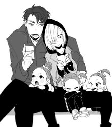  2boys 3girls :o bad_id bad_pixiv_id closed_eyes con_potata greyscale hair_bun hair_over_one_eye hood hoodie jean-jacques_leroy monochrome multiple_boys multiple_girls nishigoori_axel nishigoori_loop nishigoori_lutz open_mouth ponytail siblings simple_background single_hair_bun sisters sitting smile triplets twintails yuri!!!_on_ice yuri_plisetsky 