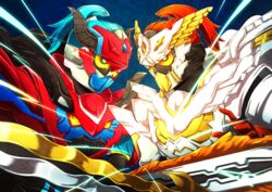  2boys armor bad_id bad_pixiv_id dark_persona demon_horns dual_persona duel fighting head_wings helmet horns kamen_rider kamen_rider_brave kamen_rider_ex-aid_(series) kamen_rider_true_brave looking_at_another male_focus multiple_boys rei_(k-meteor-0427) sword taddle_fantasy_level_50 taddle_legacy_level_50 weapon wings yellow_eyes 