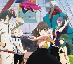  berg-katze bikini disc_cover gatchaman_crowds hibiki_joe ichinose_hajime j.j._robinson neko o.d paiman seifuku swimsuits sword tachibana_sugane utsu-tsu 