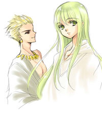  2boys blonde_hair commentary_request earrings easty enkidu_(fate) fate/stay_night fate/strange_fake fate_(series) gilgamesh_(fate) green_eyes green_hair hair_slicked_back jewelry long_hair multiple_boys necklace 