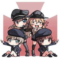  &gt;_&lt; 4girls :d bismarck_(kancolle) blue_eyes brown_eyes brown_hair carillus chibi closed_eyes commentary_request hat heart kantai_collection light_brown_hair long_hair multiple_girls open_mouth paras peaked_cap photoshop_(medium) pointing pokemon pokemon_(creature) prinz_eugen_(kancolle) short_hair sitting smile thighhighs translation_request twintails xd z1_leberecht_maass_(kancolle) z3_max_schultz_(kancolle) 