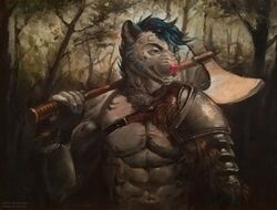  abs anthro axe battle_axe clothed clothing english_text felid forest fur hair male mammal melee_weapon muscular muscular_male navel oil_painting_(artwork) painting_(artwork) pantherine plant satynapaper signature snow_leopard solo text topless traditional_media_(artwork) tree victory_(texdot) weapon 