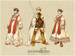  3boys ahoge axis_powers_hetalia blonde_hair boots brown_eyes brown_hair cape commentary_request copyright_name cross derivative_work germany_(hetalia) gloves hat knight kobutabancho male_focus multiple_boys northern_italy_(hetalia) parody photoshop_(medium) priest robe southern_italy_(hetalia) stole style_parody sword weapon yoshida_akihiko_(style) 