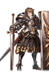  1boy alpha_transparency armor brown_eyes brown_hair fortress_(granblue_fantasy) full_body gran_(granblue_fantasy) granblue_fantasy holding holding_sword holding_weapon male_focus minaba_hideo official_art pauldrons planted planted_shield planted_sword reverse_grip scabbard sheath shield shoulder_armor solo sword tower_shield transparent_background weapon 