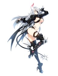  absurdres ass blue_eyes boots breasts cleavage closers demon_girl demon_tail eyepatch female full_body gloves grey_hair grin harpy_(closers) highres horns large_breasts leg_up long_hair midriff official_art partially_fingerless_gloves red_star_alliance sideboob single_horn smile solo tail thigh_strap transparent_background underboob very_long_hair 