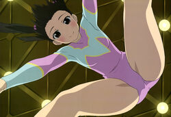  absurdres athletic_leotard black_eyes black_hair blush breasts ceiling crotch dutch_angle female floating_hair from_below gymnastics hair_bobbles hair_ornament highres indoors legs leotard lights long_sleeves looking_at_viewer non-web_source nyantype official_art outstretched_arms photokano pink_leotard sakura_mai_(photokano) scan small_breasts smile solo spread_arms spread_legs suzuki_youko turtleneck twintails 