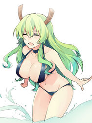  ^_^ alternate_hair_color bare_shoulders bikini black_bikini breasts choker cleavage closed_eyes collarbone commentary_request dragon_girl dragon_horns female green_hair groin highres horns kobayashi-san_chi_no_maidragon large_breasts long_hair lucoa_(maidragon) md5_mismatch navel open_mouth sidelocks sling_bikini_top solo splashing swimsuit uehara_(dormmmmir_) wading water white_background 