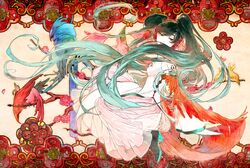  animal bird chinese_clothes chinese_dress green_hair hatsune_miku long_hair toma3 vocaloid 