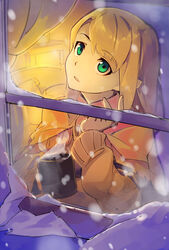  aqua_eyes bed blanket blonde_hair commentary_request cup curtains cushion female highres indoors long_hair looking_up mug original parted_lips semidou_jun snow snowing solo steam sweater window winter 