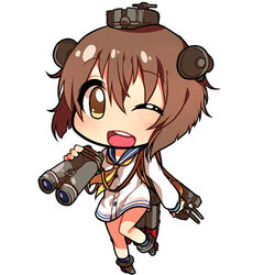  ;d binoculars brown_eyes brown_hair carillus chibi commentary_request female headgear holding kantai_collection looking_at_viewer lowres machinery one_eye_closed open_mouth photoshop_(medium) school_uniform serafuku short_hair simple_background smile solo white_background yukikaze_(kancolle) 