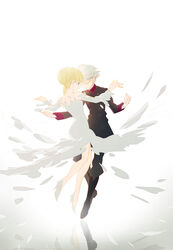  1boy aldnoah.zero asseylum_vers_allusia back_cutout bad_id bad_pixiv_id blonde_hair buttons chino_kawashiku closed_eyes clothing_cutout double-breasted dress female green_eyes grey_hair highres military military_uniform no_socks photoshop_(medium) short_hair slaine_troyard smile uniform white_dress 