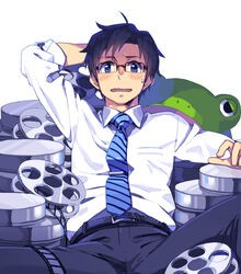  1boy bad_id bad_pixiv_id belt bigur black_hair blue_eyes blush commentary_request frog glasses idolmaster idolmaster_(classic) long_sleeves male_focus necktie open_mouth producer_(idolmaster) producer_(idolmaster_anime) solo stuffed_animal stuffed_frog stuffed_toy sweatdrop 