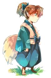  1boy animal_feet blue_bow bow brown_eyes commentary_request digitigrade expressionless fox_boy fox_tail full_body fur grass hairbow high_ponytail inuyasha japanese_clothes male_focus monster_boy motobi_(mtb_umk) pointy_ears ponytail shippou_(inuyasha) solo standing tail vest white_background 