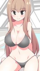  bad_id bad_pixiv_id bikini black_bikini black_eyes blush breasts brown_hair cleavage female large_breasts long_hair looking_at_viewer miyasako_nako navel rei_no_pool serebi_ryousangata sitting smile solo string_bikini swimsuit uzanee!! wariza 