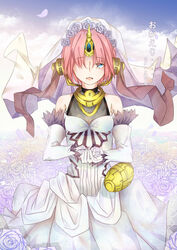  bare_shoulders berserker_of_black blue_eyes breasts dress elbow_gloves fate/apocrypha fate_(series) female flower gloves hair_ornament hair_over_one_eye horns open_mouth veil white_dress 