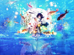  accordion air_bubble black_hair black_thighhighs book bubble commentary coral encasement english_commentary female fish fishbowl goldfish in_container instrument looking_at_viewer mixed-language_commentary ocean original phantania photoshop_(medium) piano purple_eyes school_uniform seaweed serafuku short_hair sitting skirt solo submerged thighhighs third-party_edit underwater uniform vietnamese_commentary 