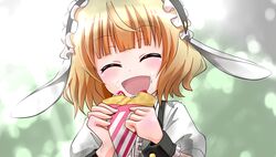  closed_eyes crepe female food food_on_face gochuumon_wa_usagi_desu_ka? gochuumon_wa_usagi_desuka? kirima_sharo open_mouth rokushaku_neko smile solo 