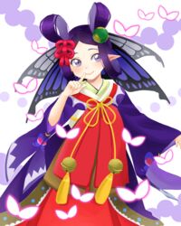  butterfly_wings commentary_request double_bun feet_out_of_frame female hair_bun hair_ornament highres insect_wings japanese_clothes kimono kochou_no_sei_(onmyoji) long_hair onmyoji pointy_ears purple_eyes purple_hair purple_musume purple_wings simple_background solo white_background wings 