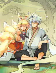  1boy ahoge animal_ears bare_shoulders blonde_hair breasts commentary_request detached_sleeves female fox_ears fox_tail homura_kai izuna_(shinrabanshou) large_breasts looking_at_viewer multiple_tails shinrabanshou short_hair sideboob sitting smile tail thighhighs white_legwear yuugiri_(u-slash) 