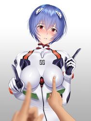  ayanami_rei bad_id bad_twitter_id blue_hair blurry blush bodysuit bracer breast_poke breasts breasts_apart commentary_request depth_of_field embarrassed female gloves gradient_background grey_background hair_between_eyes hands_up head_tilt headgear highres impossible_bodysuit impossible_clothes index_finger_raised interface_headset koi_dance looking_at_viewer md5_mismatch medium_breasts meme neon_genesis_evangelion nipple_guessing_game_(meme) nose_blush out_of_frame parted_lips pilot_suit plugsuit poking pov pov_hands re:shimashima red_eyes shiny_clothes short_hair skin_tight solo_focus turtleneck upper_body white_background white_bodysuit 