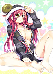  animal_ears animal_hood barefoot black_shorts blush breasts bucchake_(asami) cleavage commentary_request facial_mark female highres hood hoodie horns large_breasts long_hair oda_nobunaga_(sengoku_otome) open_mouth red_hair sengoku_otome sheep_ears sheep_horns shorts sitting solo yellow_eyes 