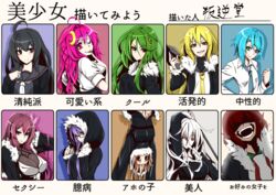  6+girls ahoge asymmetrical_hair black_hair black_serafuku blonde_hair blue_eyes blue_hair blue_jacket brown_eyes brown_hair commentary_request crescent crescent_hair_ornament crescent_pin fumizuki_(kancolle) getumentour green_eyes green_hair hair_ornament hair_ribbon highres hood hooded_jacket jacket kantai_collection kikuzuki_(kancolle) kisaragi_(kancolle) let&#039;s_draw_pretty_girls_challenge long_hair long_sleeves mikazuki_(kancolle) minazuki_(kancolle) multiple_drawing_challenge multiple_girls mutsuki_(kancolle) nagatsuki_(kancolle) neckerchief necktie pink_eyes pink_hair purple_eyes purple_hair red_eyes red_hair ribbon satsuki_(kancolle) satsuki_kai_ni_(kancolle) school_uniform serafuku short_hair short_hair_with_long_locks translated upside-down uzuki_(kancolle) white_hair white_necktie yayoi_(kancolle) 