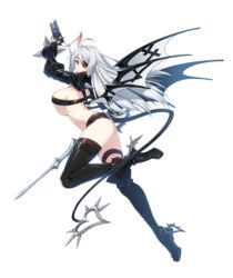  absurdres ahoge ass black_thighhighs blue_eyes boots breasts closers demon_girl demon_tail dual_wielding eyepatch female full_body grey_hair grin gun handgun high_heel_boots high_heels highres holding horns large_breasts leg_up long_hair looking_at_viewer midriff official_art red_star_alliance short_shorts shorts sideboob single_horn smile solo sword tail thigh_strap thighhighs transparent_background trigger_discipline underboob very_long_hair weapon wings yuri_seo 