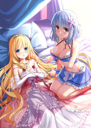  2girls amagi_brilliant_park areolae blind blonde_hair blue_eyes blue_hair breast_lift breasts cleavage commentary_request elbow_gloves empty_eyes gloves green_eyes heart heart-shaped_pupils hika_(cross-angel) large_breasts latifa_fleuranza long_hair midriff multiple_girls muse_(amaburi) navel photoshop_(medium) short_hair small_breasts strap_slip symbol-shaped_pupils very_long_hair 