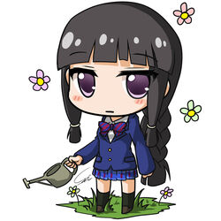  alternate_costume black_hair blazer blunt_bangs bow braid carillus chibi commentary_request female flower holding jacket kantai_collection kitakami_(kancolle) looking_at_viewer love_live! love_live!_school_idol_project otonokizaka_school_uniform photoshop_(medium) plaid plaid_skirt pleated_skirt purple_eyes school_uniform simple_background single_braid skirt solo watering_can white_background 