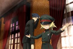  1boy belt black_hair blonde_hair brown_eyes closed_eyes commentary_request curtains erich_von_rerugen eyelashes female genya_(genya67) glasses hat highres indoors medal military military_hat military_uniform outstretched_arms smile tanya_degurechaff uniform window youjo_senki 