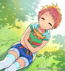  ^_^ animal backlighting bird blue_shorts closed_eyes closed_mouth clothed_animal commentary_request day denim denim_shorts dutch_angle facing_viewer female forehead fujimiya_kazane future_card_buddyfight gold_trim holding holding_animal nature on_grass orange_hair outdoors owl short_bangs short_hair short_shorts shorts sitting smile solo thighhighs very_short_hair watermark white_thighhighs yuugiri_(u-slash) 