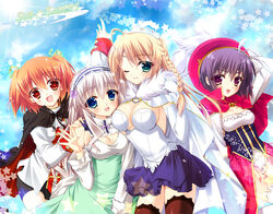  4girls :d ahoge amyrina arm_up asukai_shio beret blonde_hair blue_skirt blush braid breasts cape cleavage cloud commentary_request cosplay day dress flying green_dress green_eyes hat large_breasts long_sleeves looking_at_viewer medium_breasts misasagi_akane multiple_girls ocean open_mouth orange_hair outdoors photoshop_(medium) purple_hair red_eyes short_hair single_braid skirt smile suzushiro_atsushi takahashi_sachiho tareme thighhighs twinkle_crusaders water zettai_ryouiki 