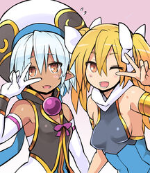  2girls artemis_phoebus blonde_hair blush commentary_request hat looking_at_viewer multiple_girls noin_(shinrabanshou) one_eye_closed open_mouth shinrabanshou smile v yuugiri_(u-slash) 