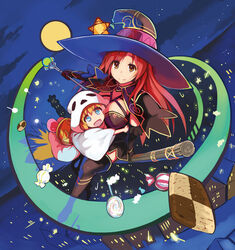  2girls blue_eyes breasts broom broom_riding candy commentary_request food full_moon hat highres large_breasts long_hair moon multiple_girls open_mouth original red_hair smile witch_hat yuugiri_(u-slash) 