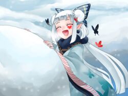  bug butterfly butterfly_wings closed_eyes commentary_request double_bun earrings facial_mark female fur_trim hair_bun hair_ornament highres insect_wings japanese_clothes jewelry kimono kochou_no_sei_(onmyoji) long_hair onmyoji open_mouth pointy_ears purple_musume snow snowball snowing solo upper_body white_hair wings 