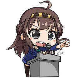  :d ahoge alternate_costume black_eyes black_thighhighs blazer bow brown_hair carillus chibi commentary_request double_bun female hair_bun hairband jacket kantai_collection kongou_(kancolle) lectern long_hair love_live! love_live!_school_idol_project microphone open_mouth otonokizaka_school_uniform photoshop_(medium) plaid plaid_skirt pleated_skirt school_uniform simple_background skirt smile solo thighhighs v-shaped_eyebrows white_background zettai_ryouiki 