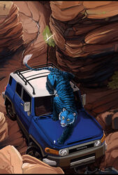  2011 alradeck ambiguous_gender black_bars blue_body blue_fur blue_stripes conditional_dnp day detailed_background digital_media_(artwork) felid feral fur hi_res mammal motor_vehicle on_hood outside pantherine paws product_placement solo sport_utility_vehicle stripes suv tiger toyota toyota_fj_cruiser vehicle yellow_eyes 