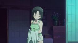  aiura animated animated bare_shoulders black_hair blush bouncing_breasts breasts camisole cleavage closed_eyes drying_hair female long_hair lowres night shorts smile solo towel uehara_ayuko 