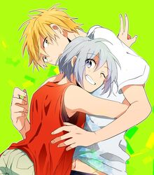  1boy blonde_hair commentary_request female green_eyes grey_eyes hayasaka_kaori_(oresama_teacher) hug kurosaki_mafuyu midriff navel oda_kazuomi oresama_teacher short_hair silver_hair tank_top v 