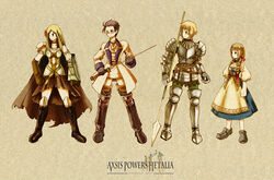  2boys 2girls apron armor austria_(hetalia) axis_powers_hetalia blonde_hair boots braid brown_hair commentary_request copyright_name derivative_work dress flower glasses hair_flower hair_ornament hair_ribbon hungary_(hetalia) kobutabancho liechtenstein_(hetalia) long_hair multiple_boys multiple_girls parody photoshop_(medium) polearm ribbon semi-rimless_eyewear shield spear style_parody switzerland_(hetalia) sword weapon yoshida_akihiko_(style) 