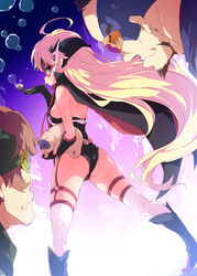  2boys ahoge ass black_gloves blonde_hair blue_eyes boyakki cape commentary_request doronjo elephantus female from_behind gloves leopard_(yatterman) long_hair looking_back mask multiple_boys oda-sama_(yatterman) petenshi_(dr._vermilion) pig smoking_pipe thighhighs time_bokan_(series) tonzura very_long_hair voltkatze white_legwear yatterman yoru_no_yatterman 