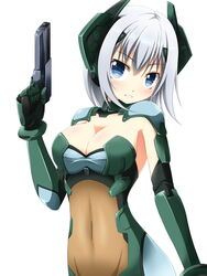  armor blue_eyes blush bracer breastplate breasts cleavage commentary covered_navel cowboy_shot date_a_live elbow_gloves female finger_on_trigger gauntlets gloves gorget groin gun hand_up handgun head_tilt headgear holding holding_gun holding_weapon khnchak leotard looking_at_viewer mecha_musume medium_breasts parted_lips pauldrons see-through short_hair shoulder_armor sideboob simple_background solo standing taut_clothes taut_leotard tobiichi_origami weapon white_background white_hair 