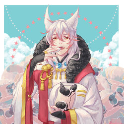  1boy animal_ears cloud commentary_request daruma_doll day facial_mark fangs fox_boy fox_ears fur_trim gameplay_mechanics jewelry kitsune long_hair male_focus multicolored_hair necklace onmyoji open_mouth photoshop_(medium) red_hair ruiguo sky solo star_(symbol) teeth two-tone_hair upper_body white_hair yellow_eyes youko_(onmyoji) 