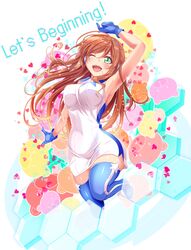  ;d arm_up armpits bad_id bad_link bad_twitter_id brown_hair dress english_text engrish_text female gloves green_eyes gundam gundam_build_fighters gundam_build_fighters_try haruka_natsuki headset kamiki_mirai one_eye_closed open_mouth ranguage smile solo thighhighs zettai_ryouiki 