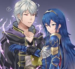  1boy ? alternate_eye_color ameno_(a_meno0) arm_grab armor bad_id bad_twitter_id blue_eyes blue_gloves blue_hair collarbone diadem female fire_emblem fire_emblem_awakening fire_emblem_heroes gloves grey_background grey_hair grima_(fire_emblem) hair_between_eyes long_hair looking_away lucina_(fire_emblem) lucina_(glorious_archer)_(fire_emblem) parted_lips pauldrons red_eyes robin_(fire_emblem) robin_(male)_(fire_emblem) shoulder_armor speech_bubble very_long_hair 