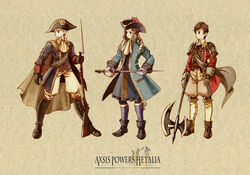  3boys ascot axe axis_powers_hetalia bayonet bicorne blonde_hair boots bow bowtie brown_eyes brown_hair cape commentary_request copyright_name derivative_work france_(hetalia) gloves gun hat holding holding_weapon kobutabancho left-handed male_focus multiple_boys musket parody photoshop_(medium) ponytail prussia_(hetalia) rapier sash spain_(hetalia) style_parody sword tricorne weapon yoshida_akihiko_(style) 